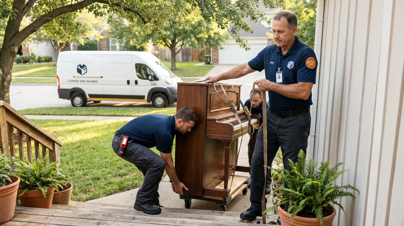 Licensed piano movers securing grand piano in Uncasville, CT