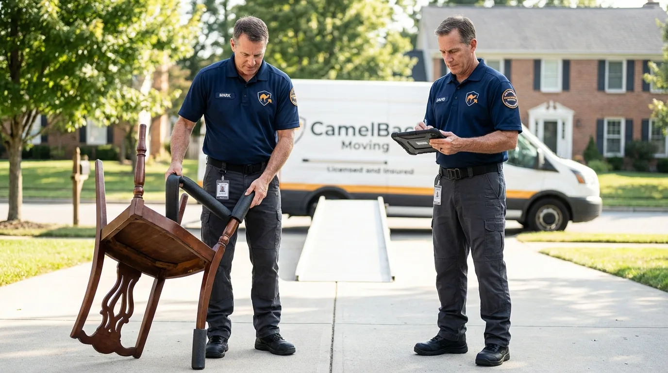 Movers inspecting furniture for damage prevention before loading in Uncasville, CT